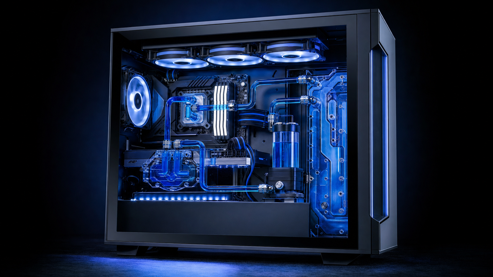 PC da gaming personalizzato con pannello laterale in vetro temperato che mostra un loop di raffreddamento a liquido custom con tubi hardline e illuminazione blu