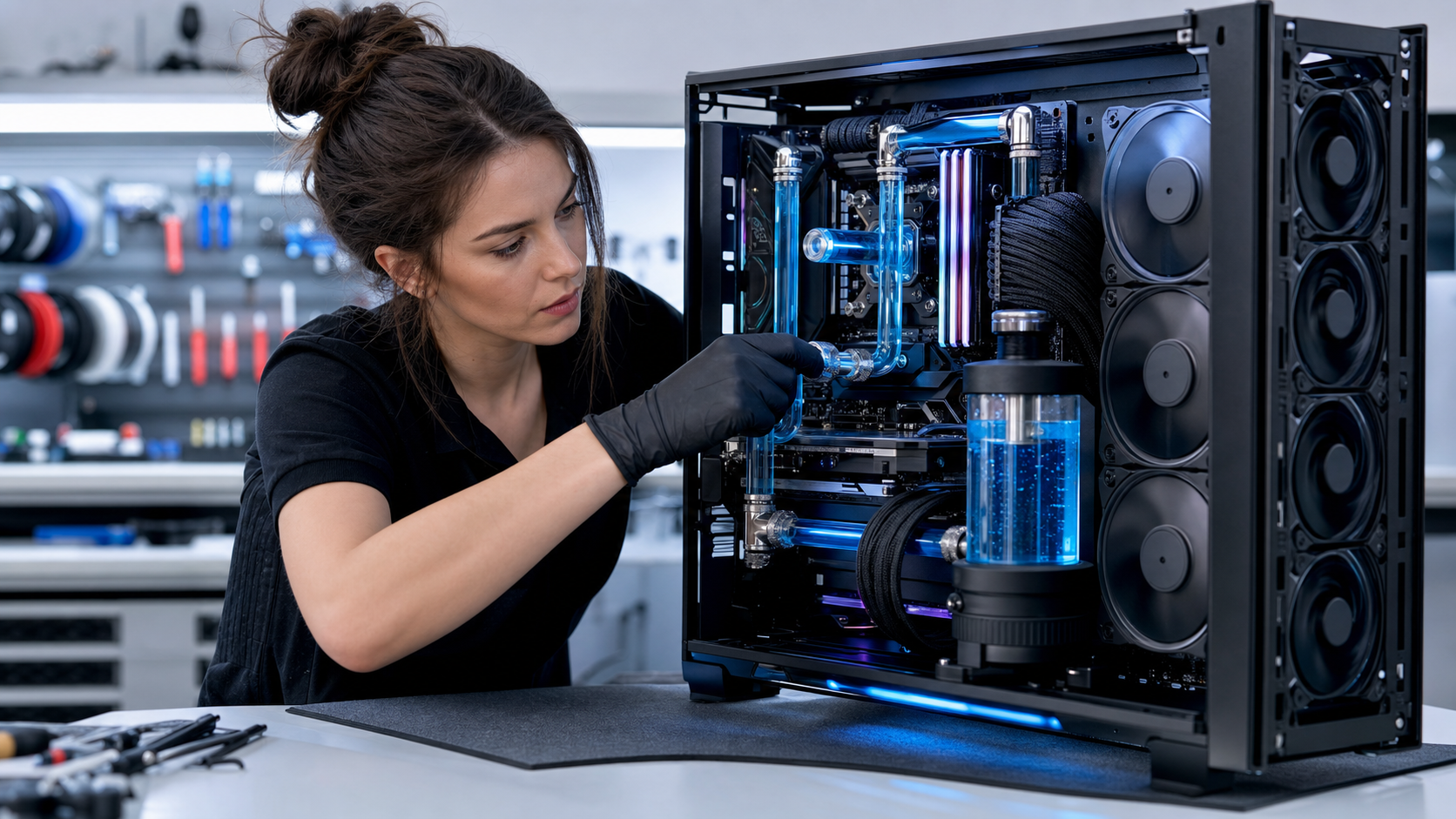 Tecnica al banco di lavoro assembla un loop di raffreddamento a liquido custom su un PC aperto, tubi blu e radiatore in vista