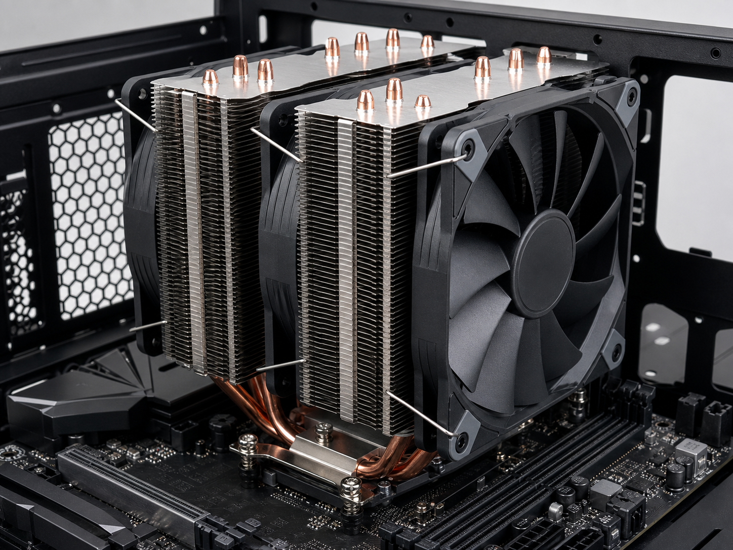 Dissipatore ad aria a torre con heatpipe in rame montato su una scheda madre all'interno di un case PC