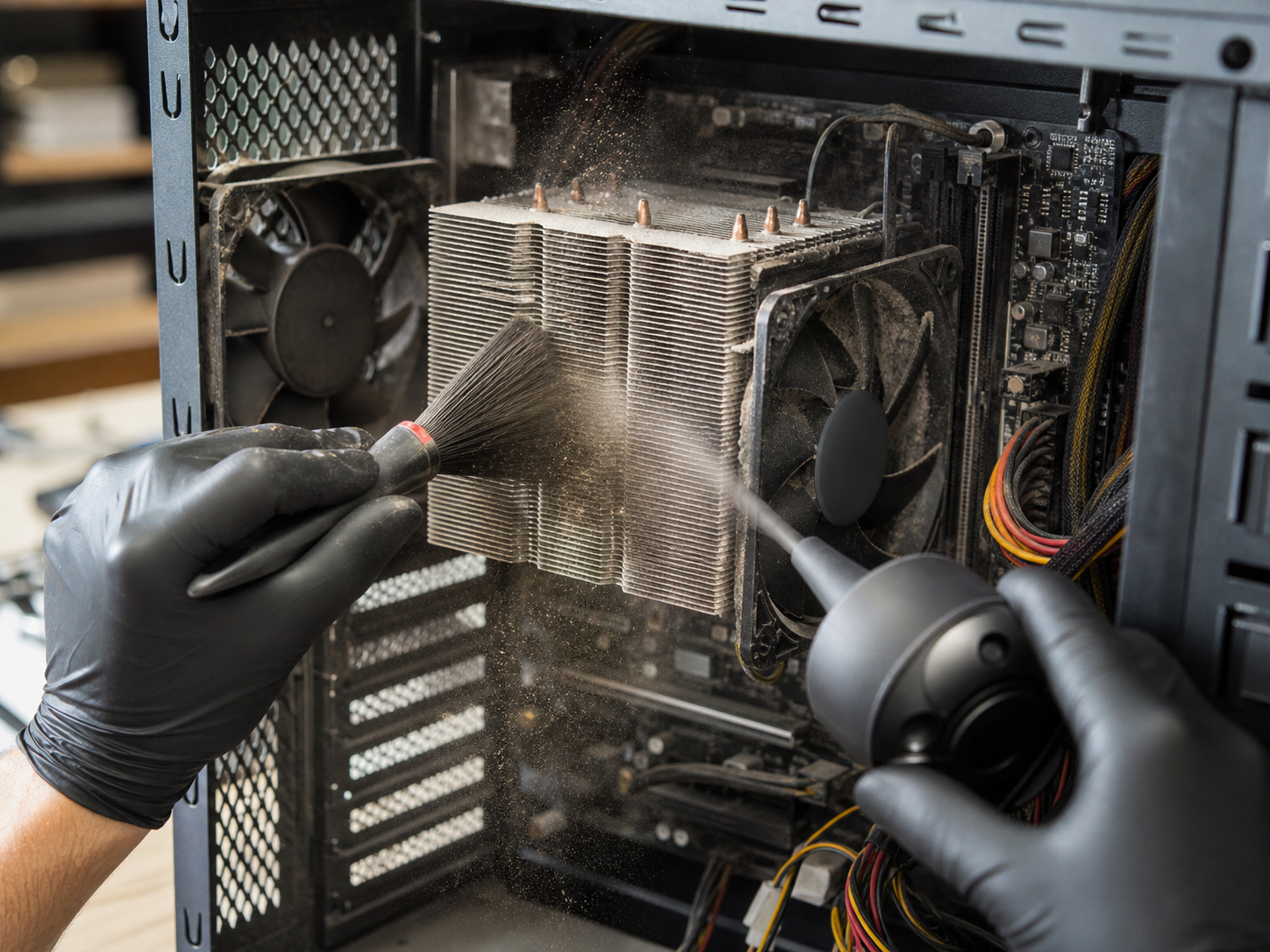 Tecnico rimuove la polvere da un dissipatore e da un case PC durante un intervento di manutenzione preventiva