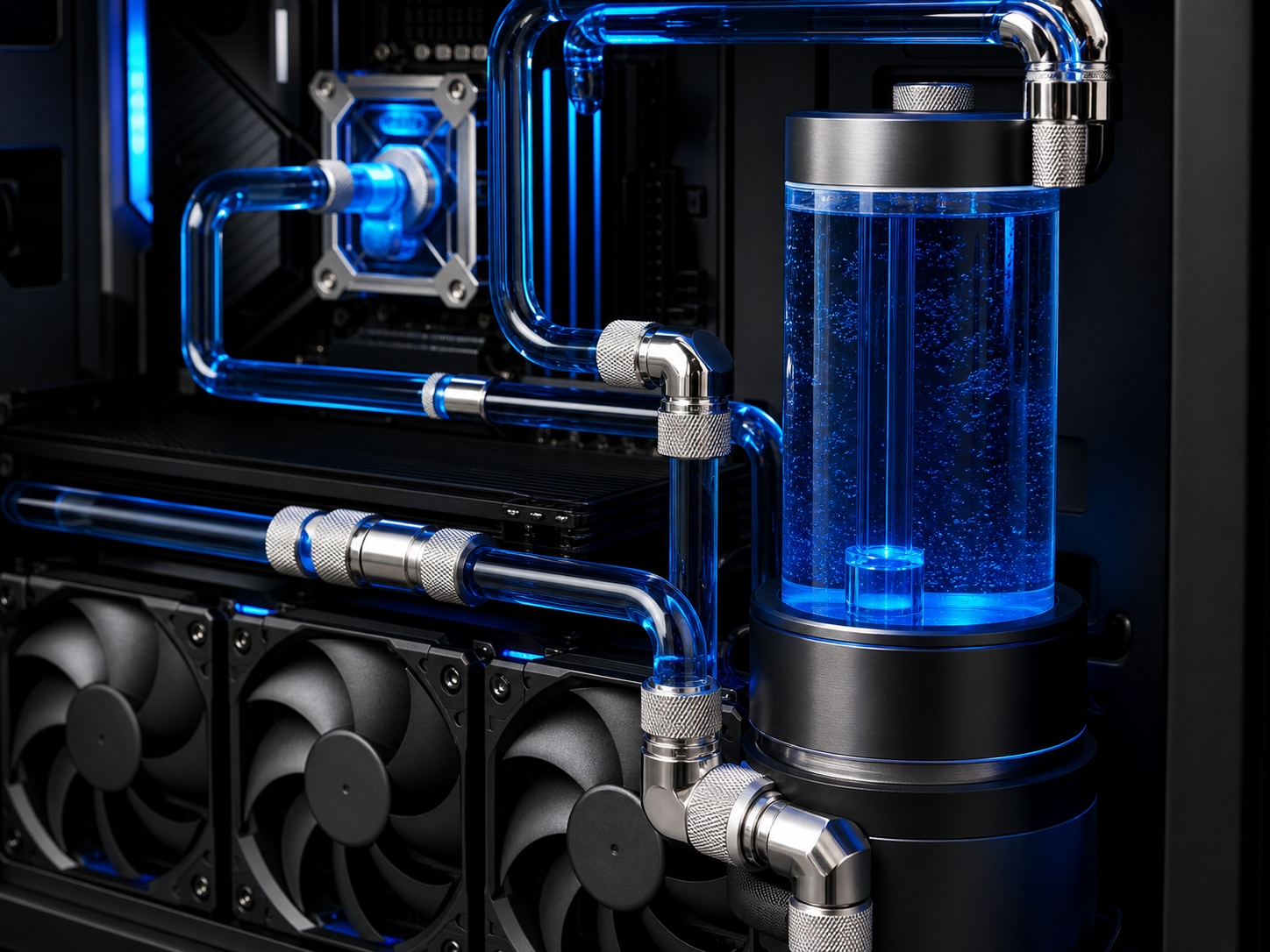 Loop di raffreddamento a liquido custom con tubi rigidi trasparenti, liquido refrigerante blu e radiatore su PC da gaming