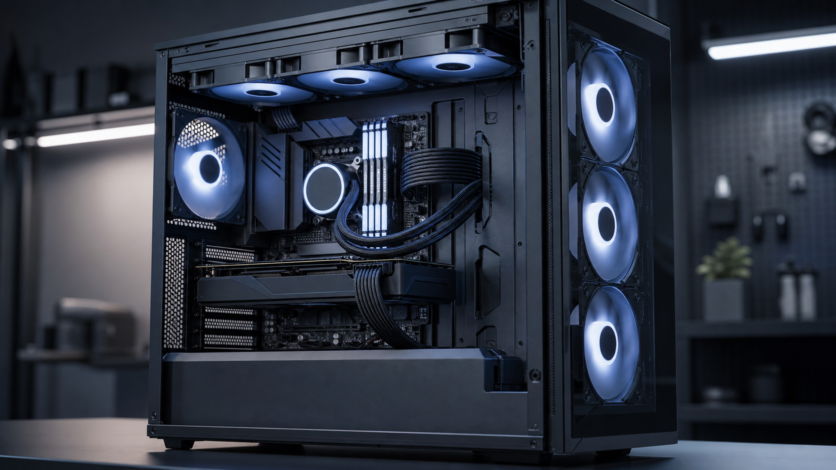 Interno di un case PC con ventole allineate per ottimizzare il flusso d'aria in ingresso e uscita, cavi ordinati