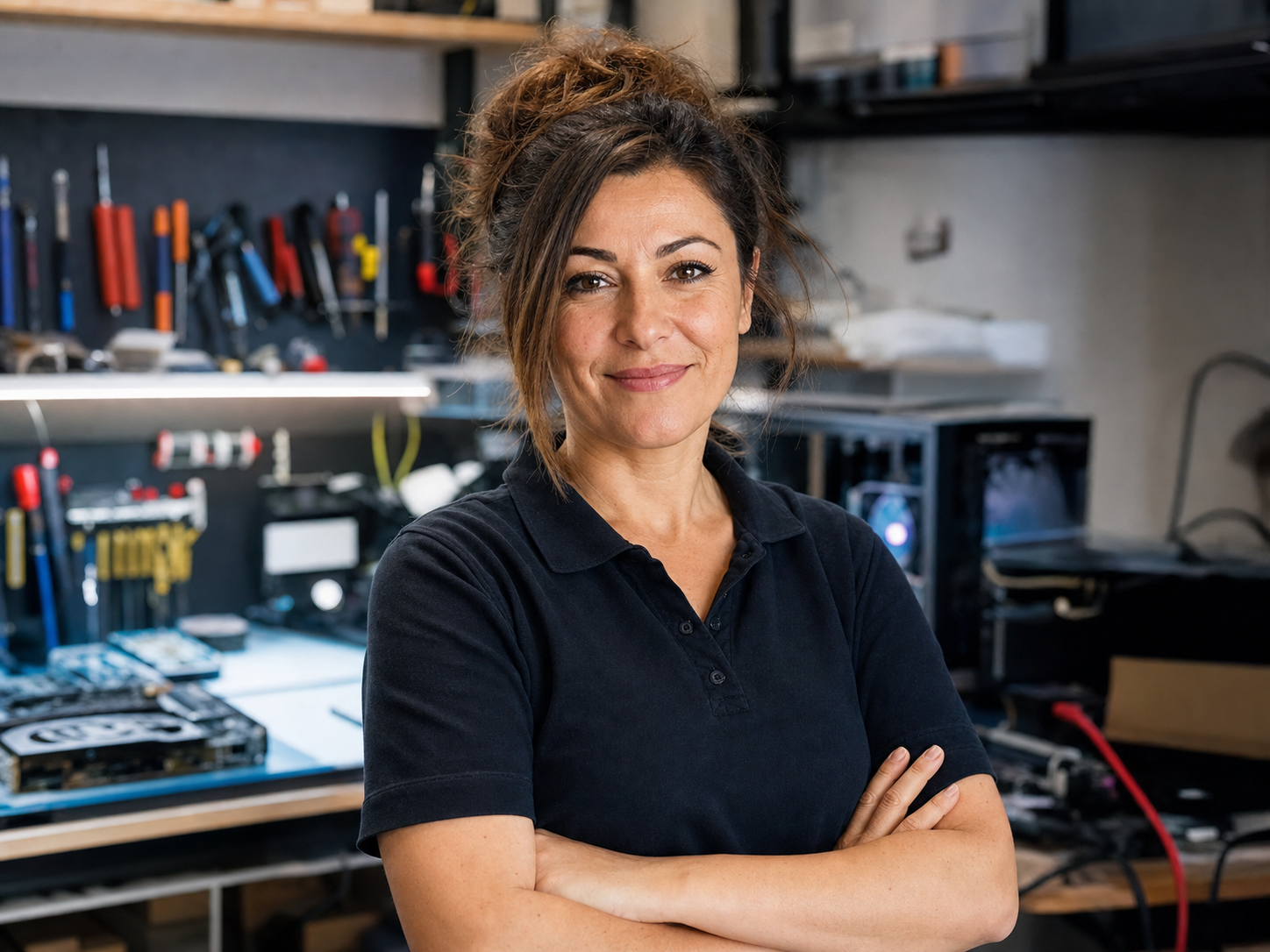 Elena Vitale, titolare di Raffreddamento Novara, ritratta nel proprio laboratorio di assistenza PC con strumenti di raffreddamento sullo sfondo
